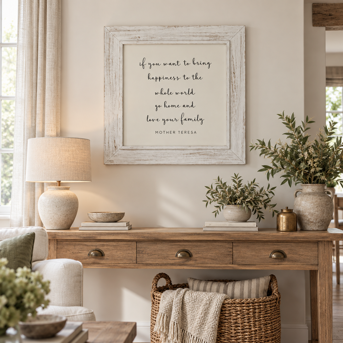 Brayden and Brooks Happiness whitewashed sign, 75 x 75 cm, styled in a classic modern country living room