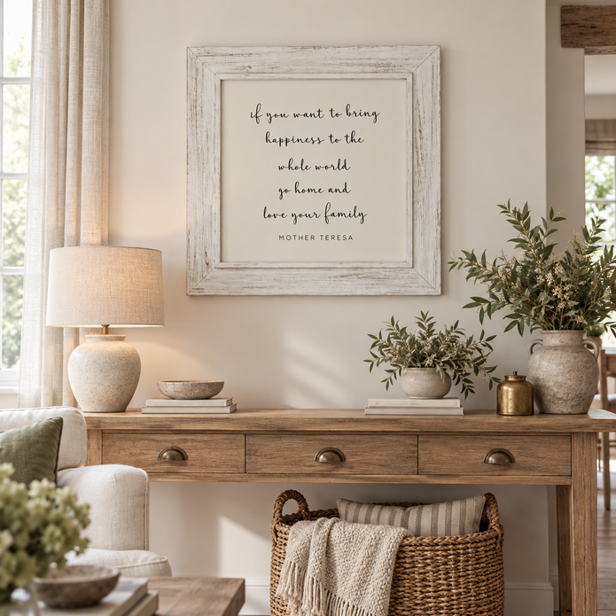 Brayden and Brooks Happiness whitewashed sign, 75 x 75 cm, styled in a classic modern country living room
