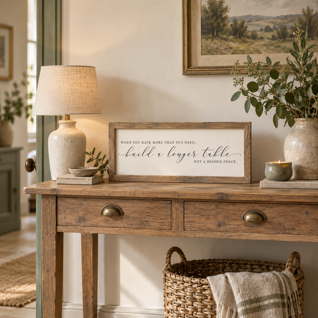 Brayden and Brooks Longer Table rustic oak sign, 41 x 18 cm, styled on a country hallway console