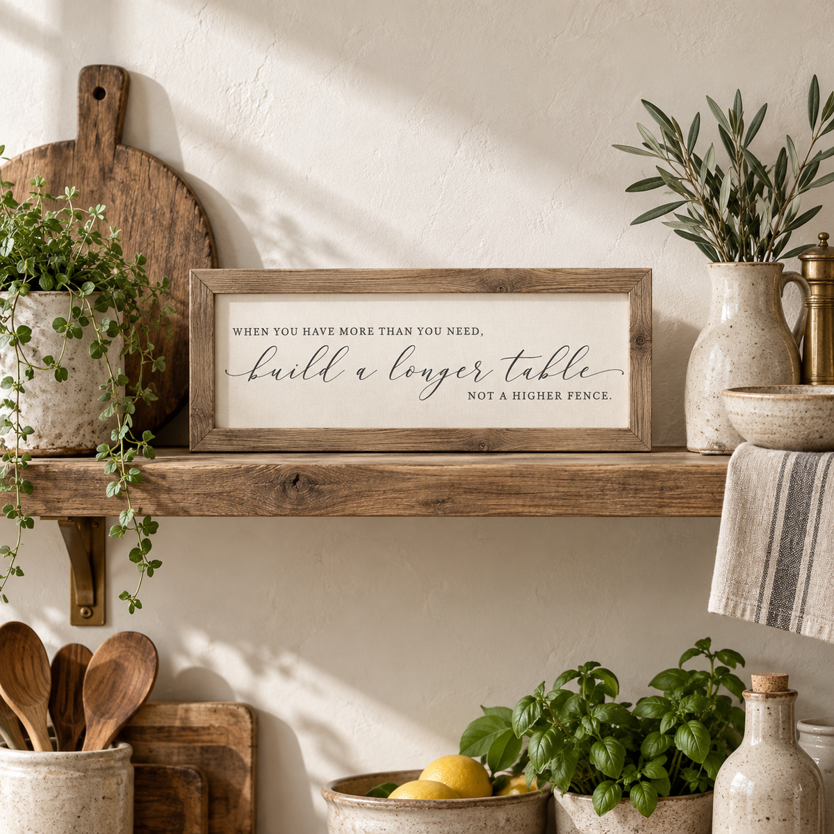 Brayden and Brooks Longer Table rustic oak sign, 41 x 18 cm, styled on a country kitchen shelf