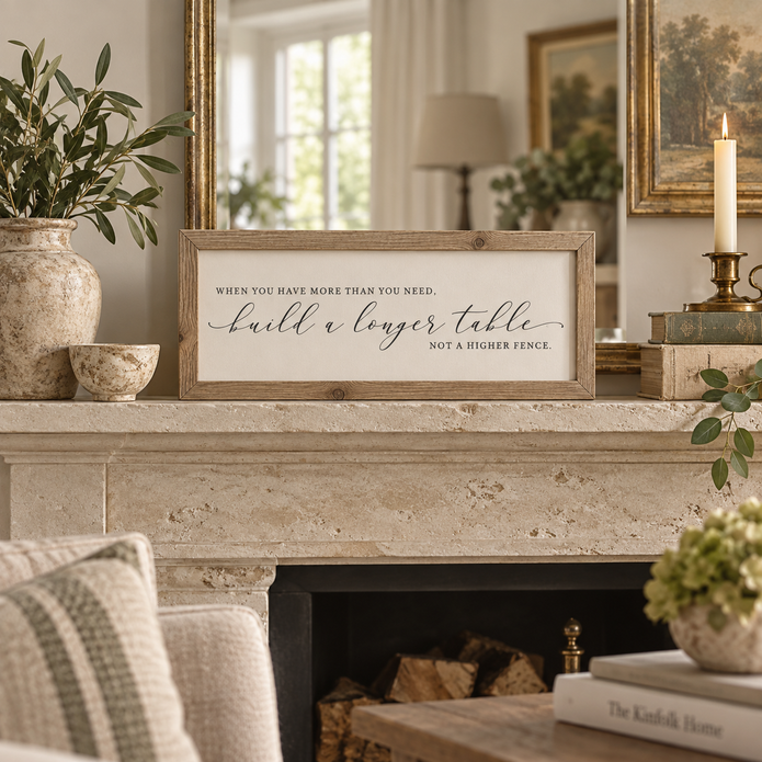 Brayden and Brooks Longer Table rustic oak sign, 41 x 18 cm, styled on a country living room mantel