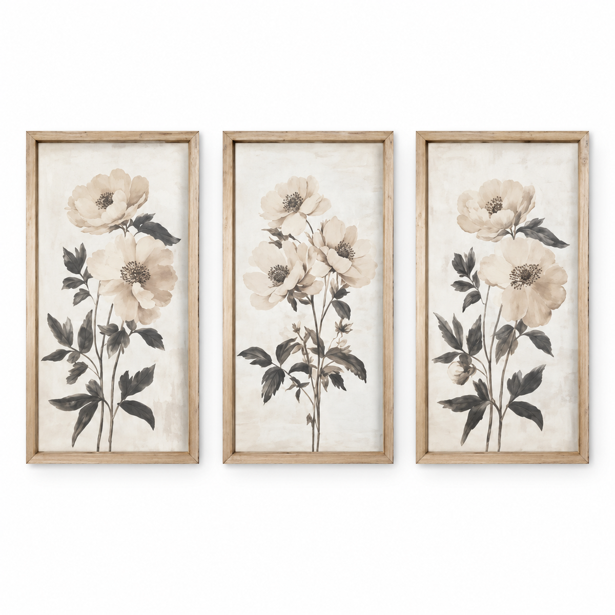 Brayden and Brooks Neutral Botanical framed wall art set of three, each 46 x 89 cm, straight-on studio view on white.