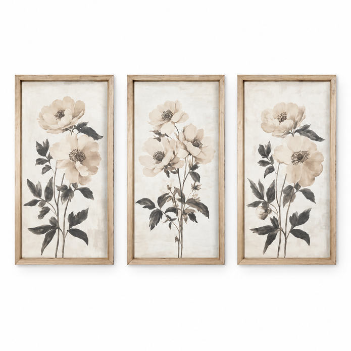 Brayden and Brooks Neutral Botanical framed wall art set of three, each 46 x 89 cm, straight-on studio view on white.