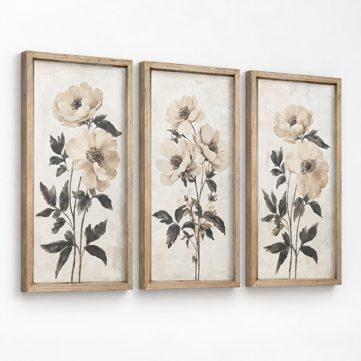 Brayden and Brooks Neutral Botanical framed wall art set of three, each 46 x 89 cm, angled studio view on white.