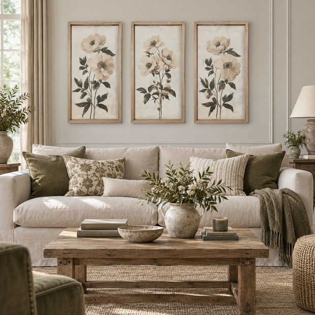 Brayden and Brooks Neutral Botanical framed wall art set of three, each 46 x 89 cm styled in a classic modern country interior, view 1.