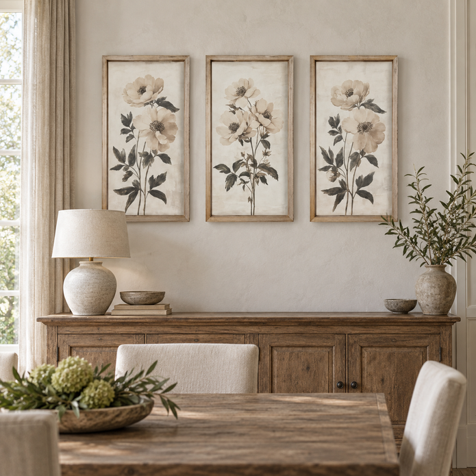 Brayden and Brooks Neutral Botanical framed wall art set of three, each 46 x 89 cm styled in a classic modern country interior, view 2.