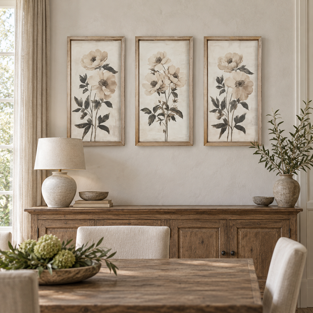 Brayden and Brooks Neutral Botanical framed wall art set of three, each 46 x 89 cm styled in a classic modern country interior, view 2.