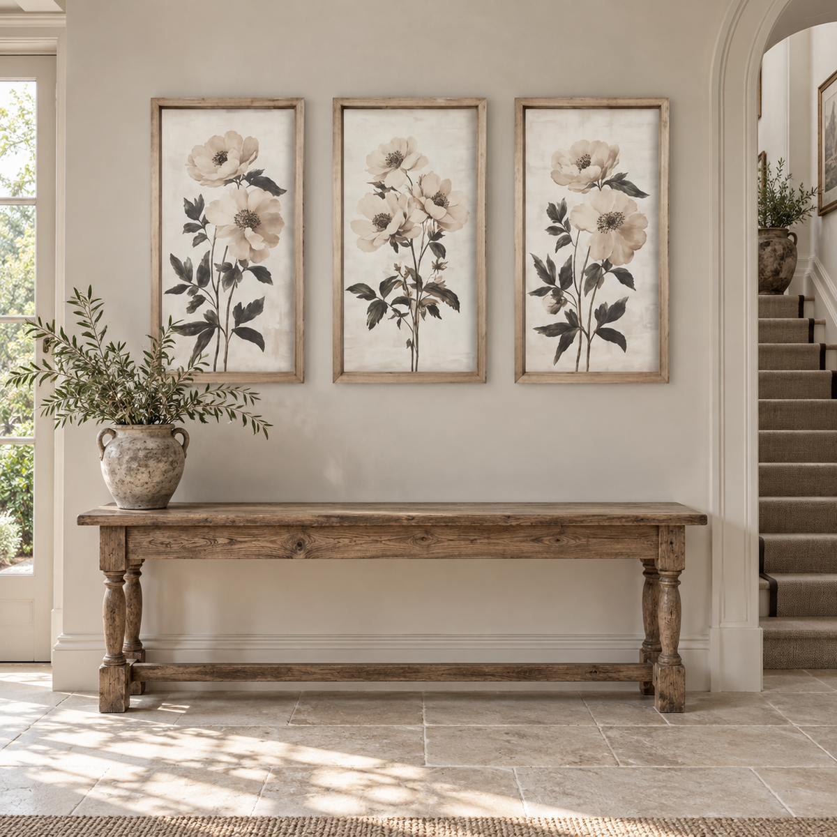 Brayden and Brooks Neutral Botanical framed wall art set of three, each 46 x 89 cm styled in a classic modern country interior, view 4.