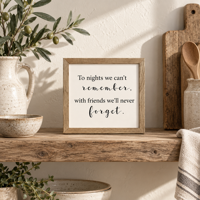 Brayden and Brooks To Nights We Can’t Remember small square rustic oak sign, 20 x 20 cm styled at true scale in a classic modern country interior, view 1.