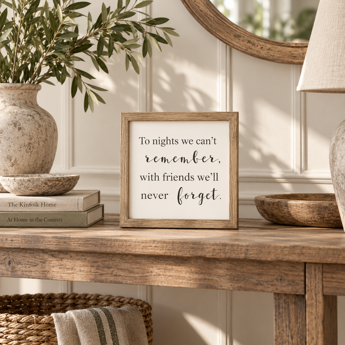 Brayden and Brooks To Nights We Can’t Remember small square rustic oak sign, 20 x 20 cm styled at true scale in a classic modern country interior, view 2.