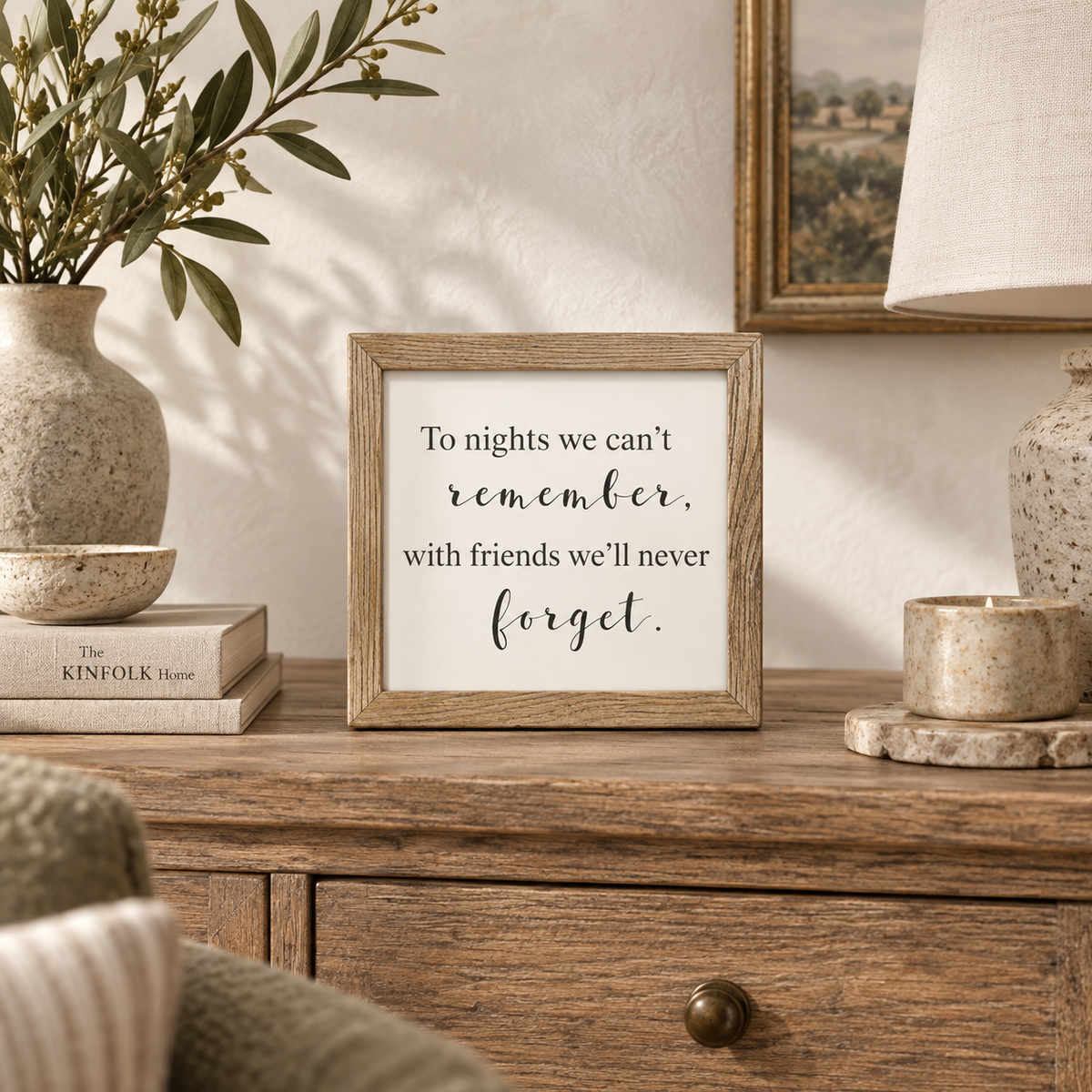 Brayden and Brooks To Nights We Can’t Remember small square rustic oak sign, 20 x 20 cm styled at true scale in a classic modern country interior, view 3.