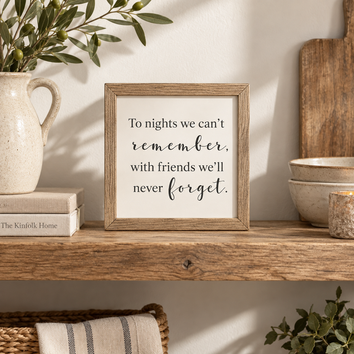Brayden and Brooks To Nights We Can’t Remember small square rustic oak sign, 20 x 20 cm styled at true scale in a classic modern country interior, view 4.