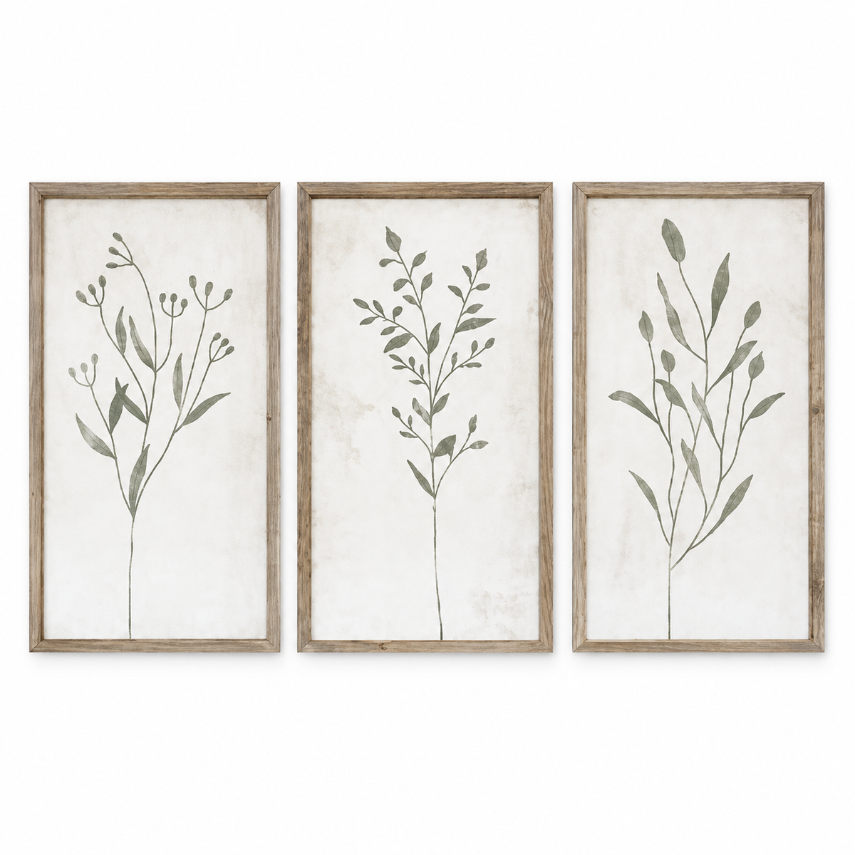Brayden and Brooks Olive Green Botanical framed wall art set of three, each 46 x 89 cm, straight-on studio view on white.