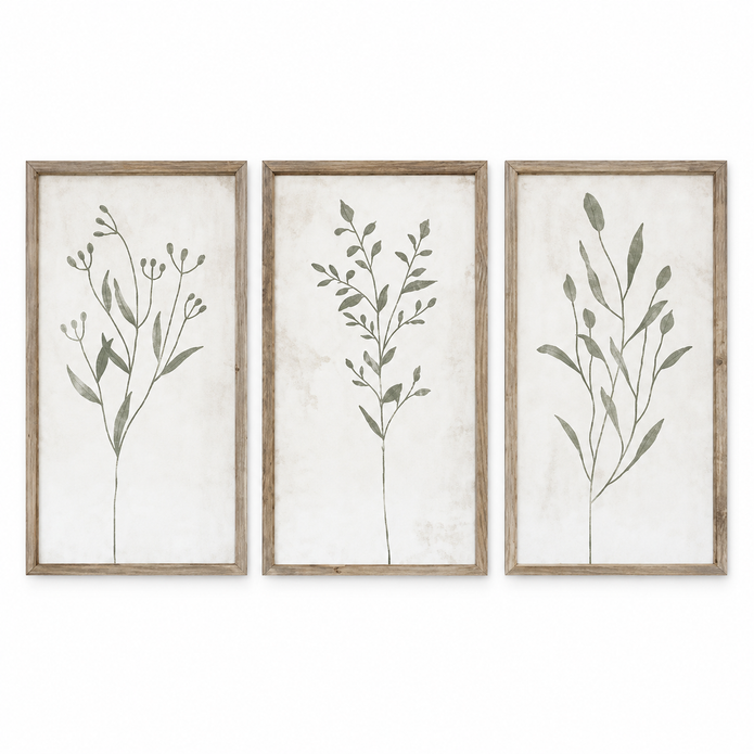 Brayden and Brooks Olive Green Botanical framed wall art set of three, each 46 x 89 cm, straight-on studio view on white.