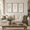 Brayden and Brooks Olive Green Botanical framed wall art set of three, each 46 x 89 cm styled in a classic modern country interior, view 1.