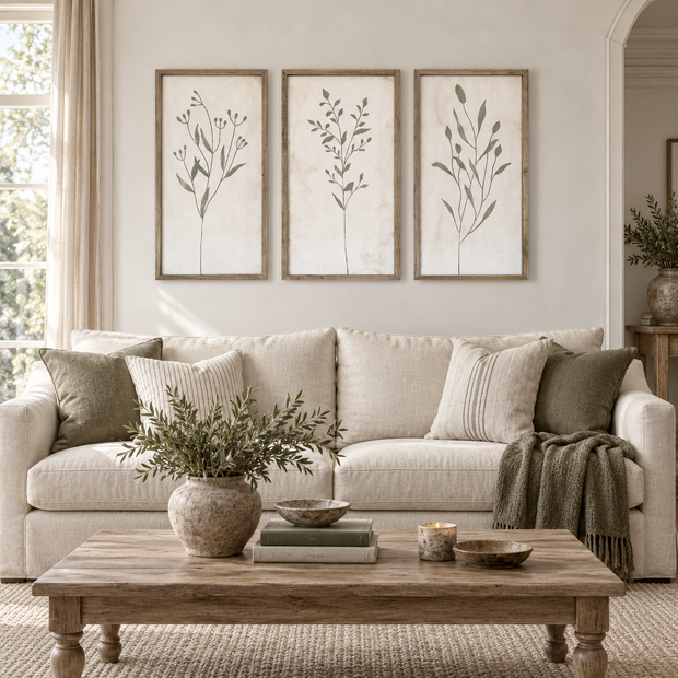 Brayden and Brooks Olive Green Botanical framed wall art set of three, each 46 x 89 cm styled in a classic modern country interior, view 1.