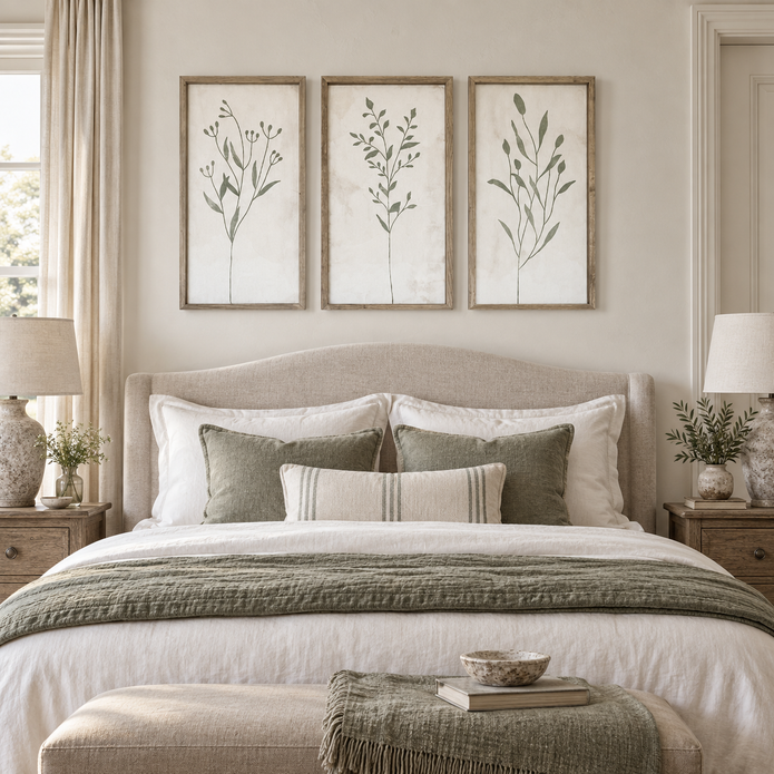 Brayden and Brooks Olive Green Botanical framed wall art set of three, each 46 x 89 cm styled in a classic modern country interior, view 3.