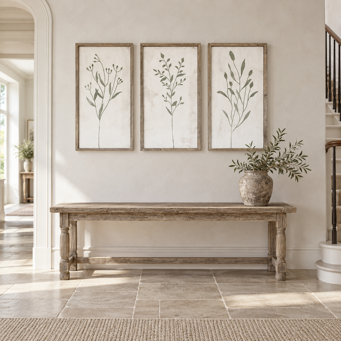Brayden and Brooks Olive Green Botanical framed wall art set of three, each 46 x 89 cm styled in a classic modern country interior, view 4.