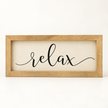 Brayden and Brooks Relax medium rustic oak sign, approximately 41 x 18 cm, straight-on studio view on white.