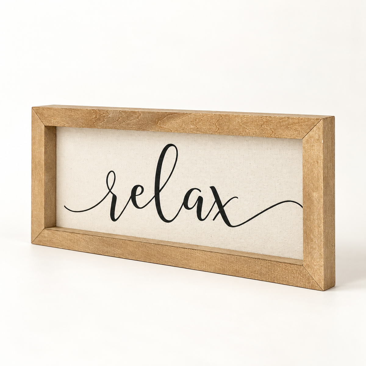 Brayden and Brooks Relax medium rustic oak sign, approximately 41 x 18 cm, angled studio view on white.