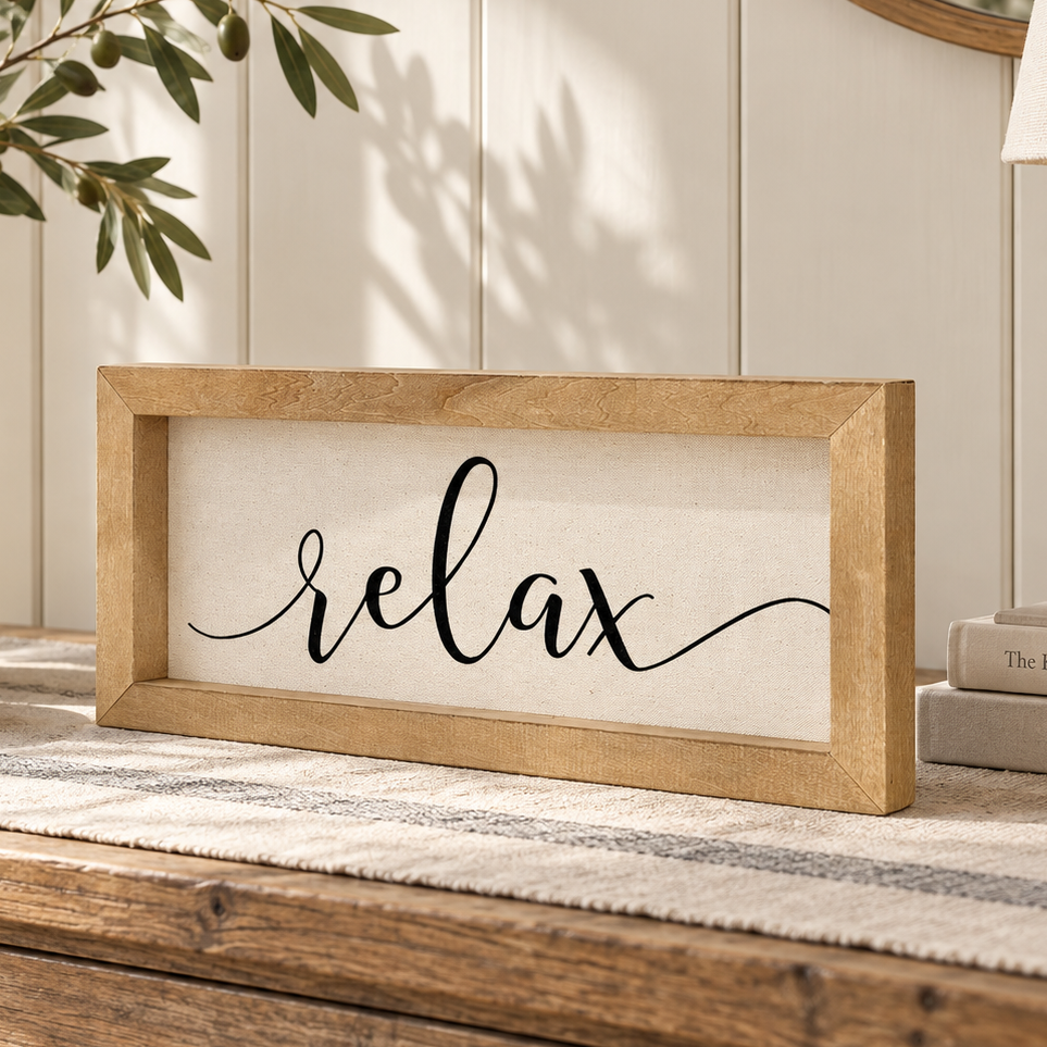 Brayden and Brooks Relax medium rustic oak sign, approximately 41 x 18 cm styled at true scale in a classic modern country interior, view 1.