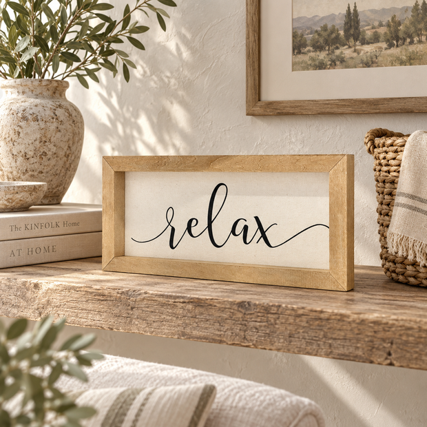 Brayden and Brooks Relax medium rustic oak sign, approximately 41 x 18 cm styled at true scale in a classic modern country interior, view 2.