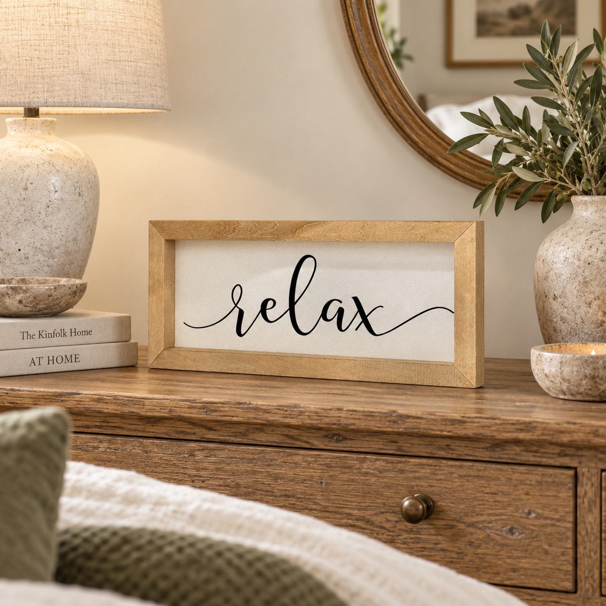 Brayden and Brooks Relax medium rustic oak sign, approximately 41 x 18 cm styled at true scale in a classic modern country interior, view 3.
