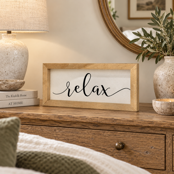 Brayden and Brooks Relax medium rustic oak sign, approximately 41 x 18 cm styled at true scale in a classic modern country interior, view 3.