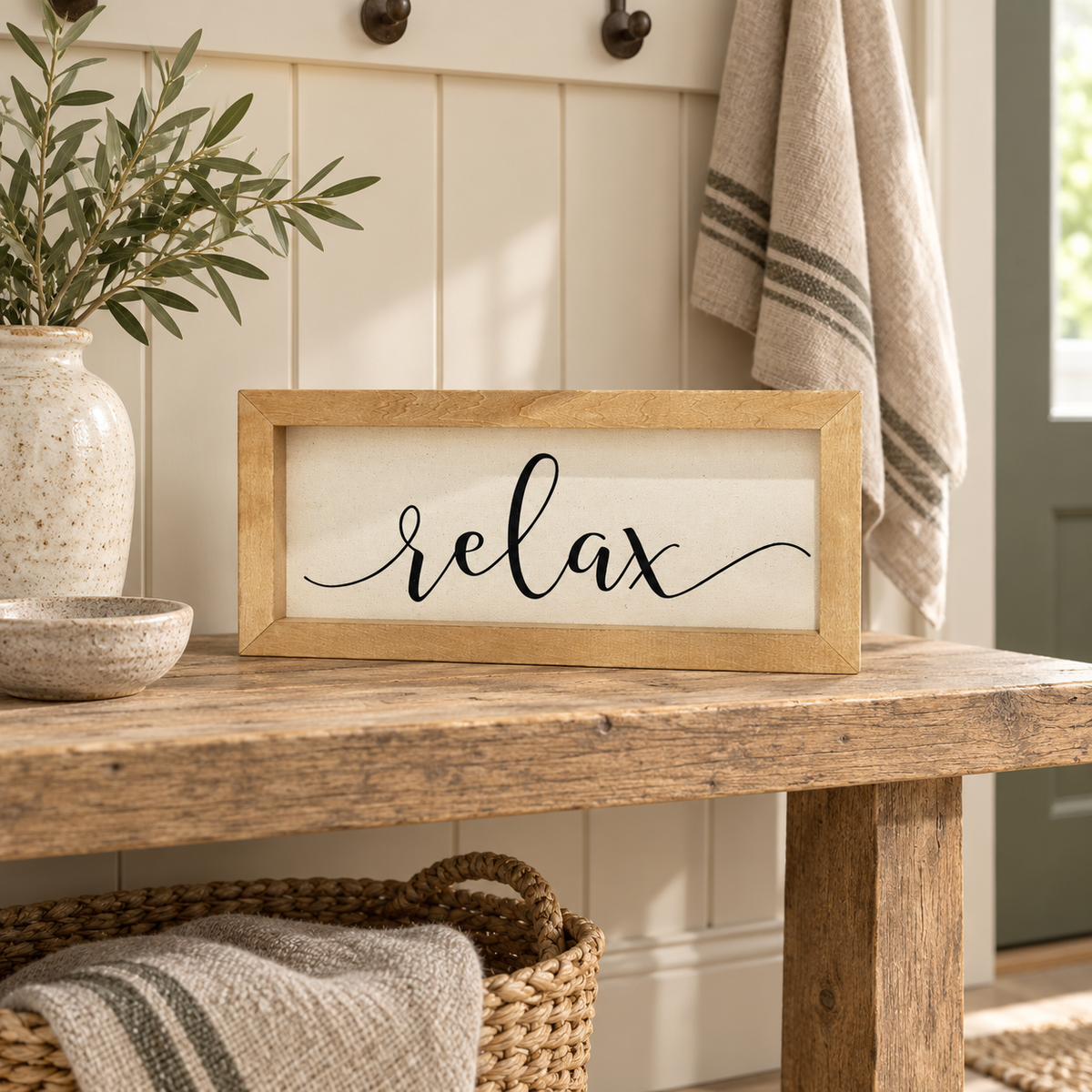 Brayden and Brooks Relax medium rustic oak sign, approximately 41 x 18 cm styled at true scale in a classic modern country interior, view 4.