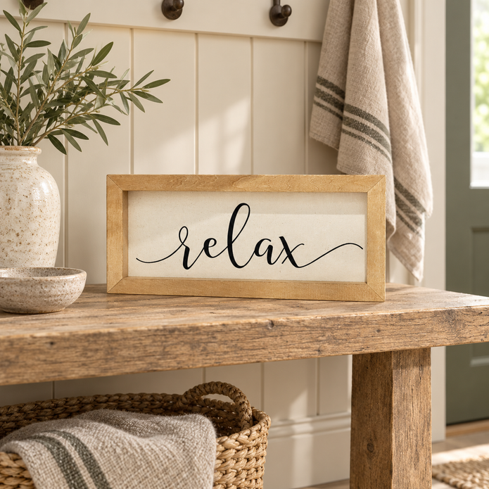 Brayden and Brooks Relax medium rustic oak sign, approximately 41 x 18 cm styled at true scale in a classic modern country interior, view 4.