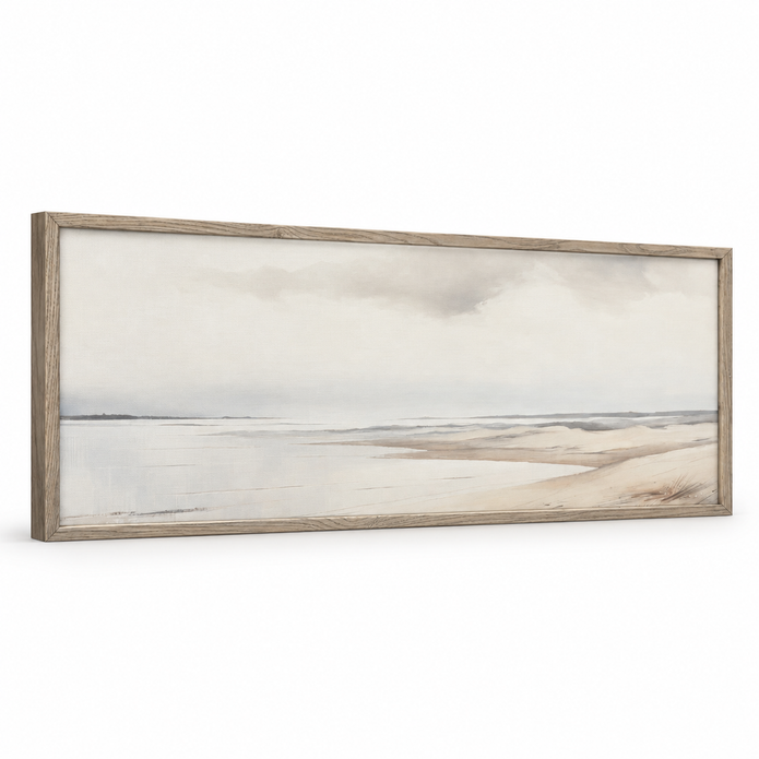 Brayden and Brooks extra large Seagrass framed canvas, angled studio view showing handmade wood frame depth, 152 x 61 cm.