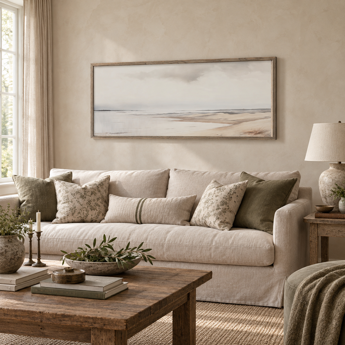 Brayden and Brooks extra large Seagrass framed canvas styled above an oatmeal linen sofa in a classic modern country living room.