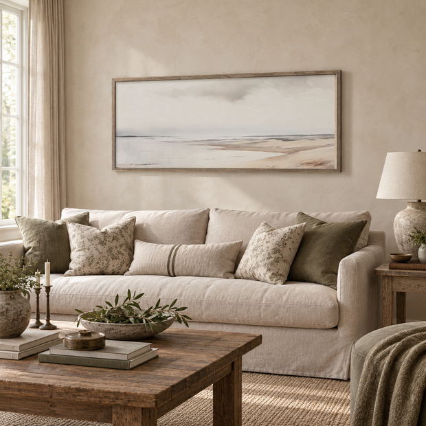 Brayden and Brooks extra large Seagrass framed canvas styled above an oatmeal linen sofa in a classic modern country living room.