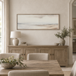Brayden and Brooks extra large Seagrass framed canvas styled above an aged oak sideboard in a classic modern country dining room.