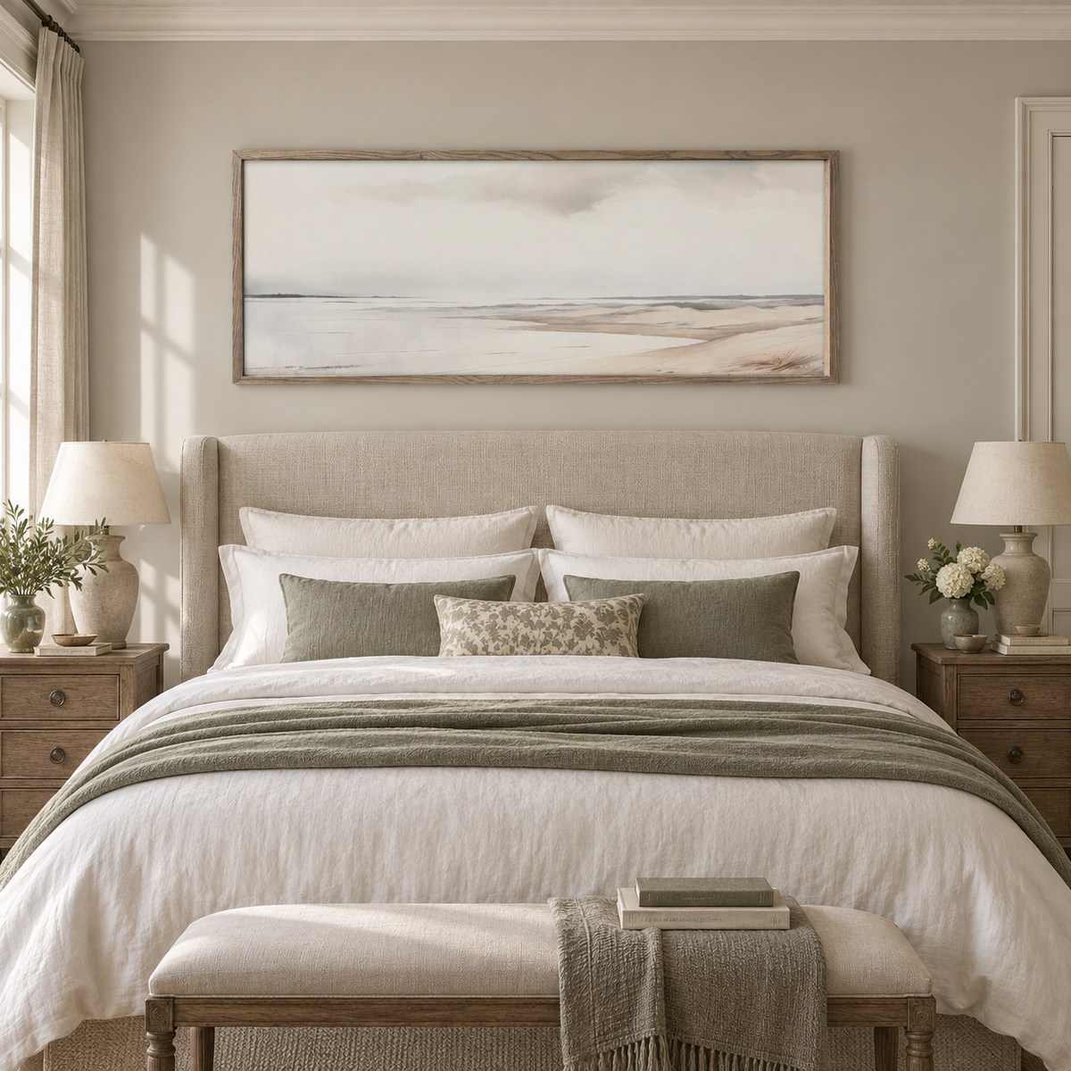Brayden and Brooks extra large Seagrass framed canvas styled above a super king bed in a classic modern country bedroom.