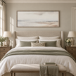 Brayden and Brooks extra large Seagrass framed canvas styled above a super king bed in a classic modern country bedroom.