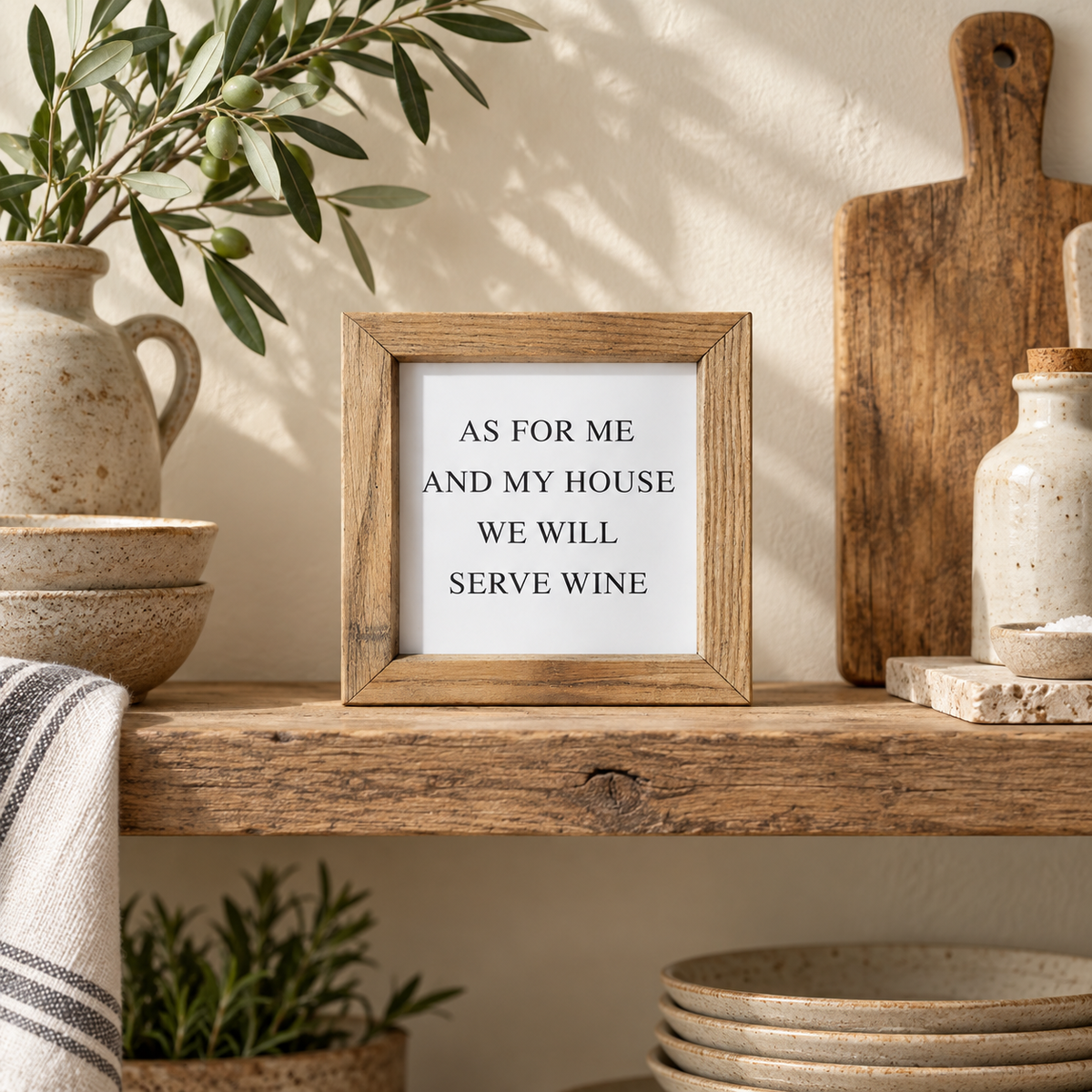 Brayden and Brooks As For My House We Will Serve Wine small square rustic oak sign, 20 x 20 cm styled at true scale in a classic modern country interior, view 1.