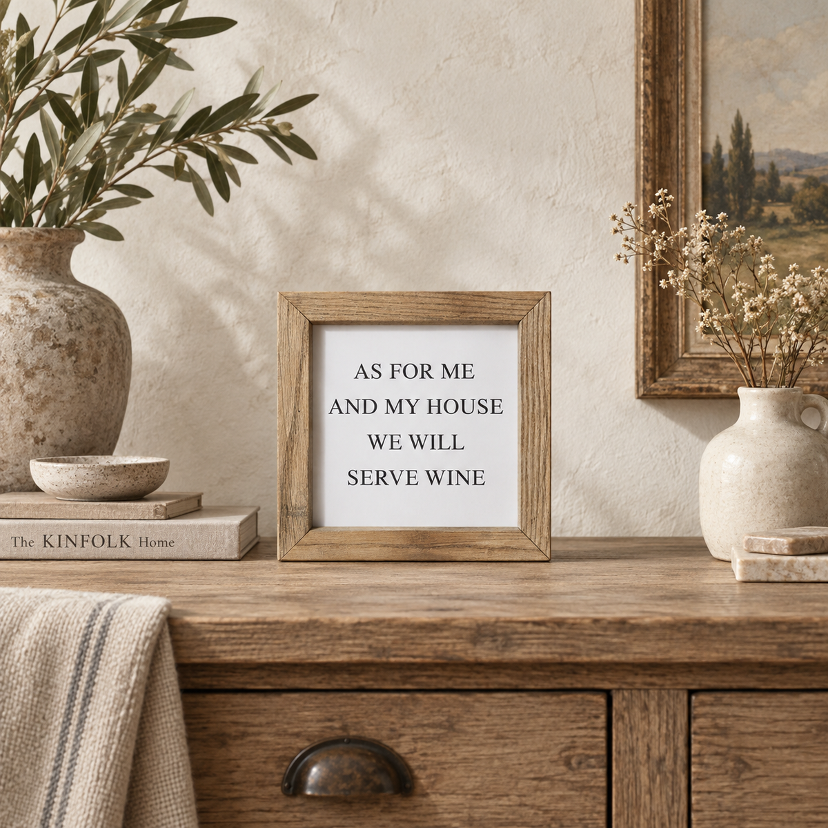 Brayden and Brooks As For My House We Will Serve Wine small square rustic oak sign, 20 x 20 cm styled at true scale in a classic modern country interior, view 3.