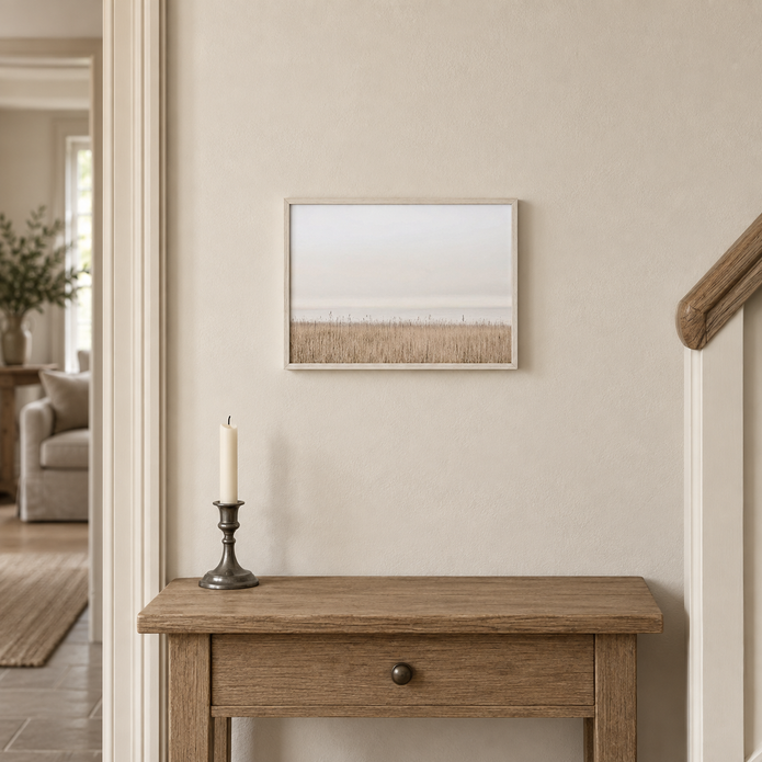 Brayden and Brooks small Seagrass framed canvas, 25 x 20 cm styled at true scale in a classic modern country interior, view 3.
