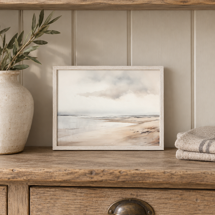 Brayden and Brooks small Seascape framed canvas, 25 x 20 cm styled at true scale in a classic modern country interior, view 2.