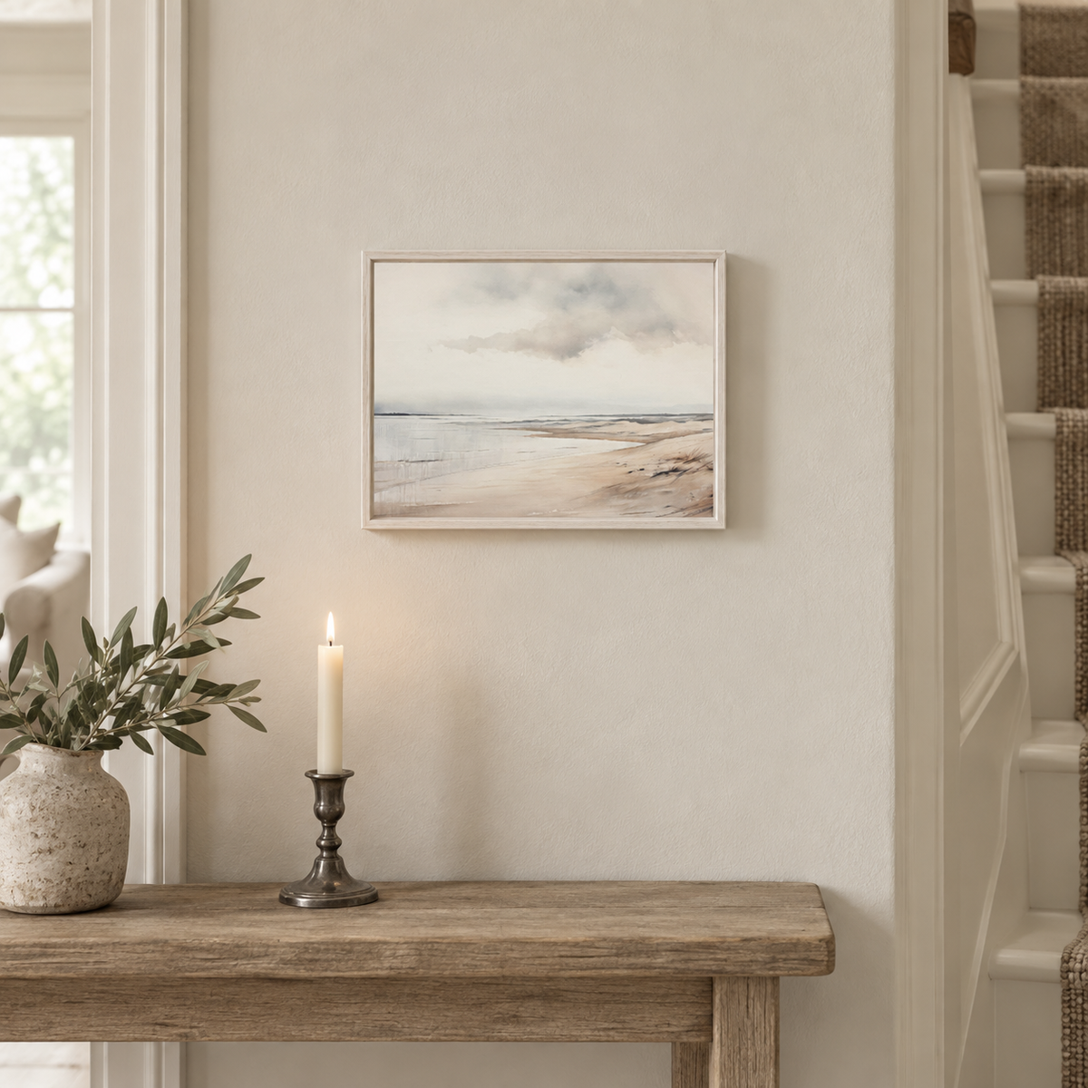 Brayden and Brooks small Seascape framed canvas, 25 x 20 cm styled at true scale in a classic modern country interior, view 3.