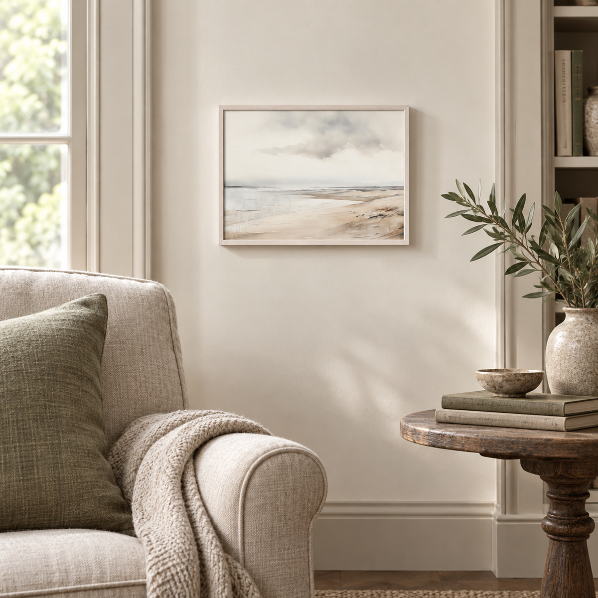 Brayden and Brooks small Seascape framed canvas, 25 x 20 cm styled at true scale in a classic modern country interior, view 4.