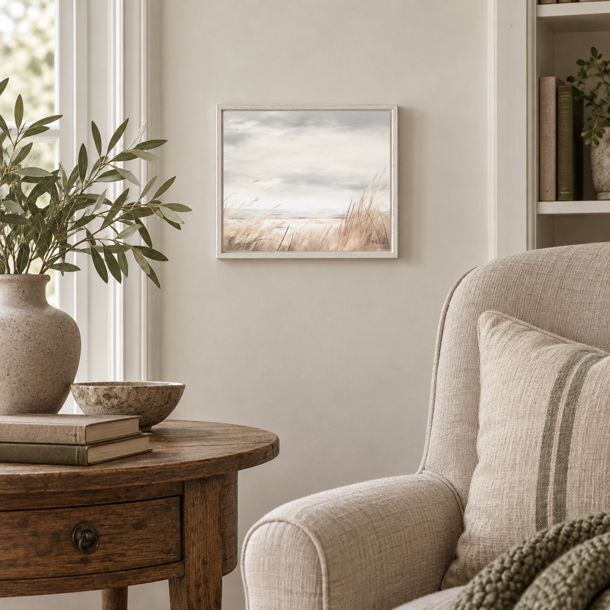 Brayden and Brooks small Vintage Sea framed canvas, 25 x 20 cm styled at true scale in a classic modern country interior, view 4.