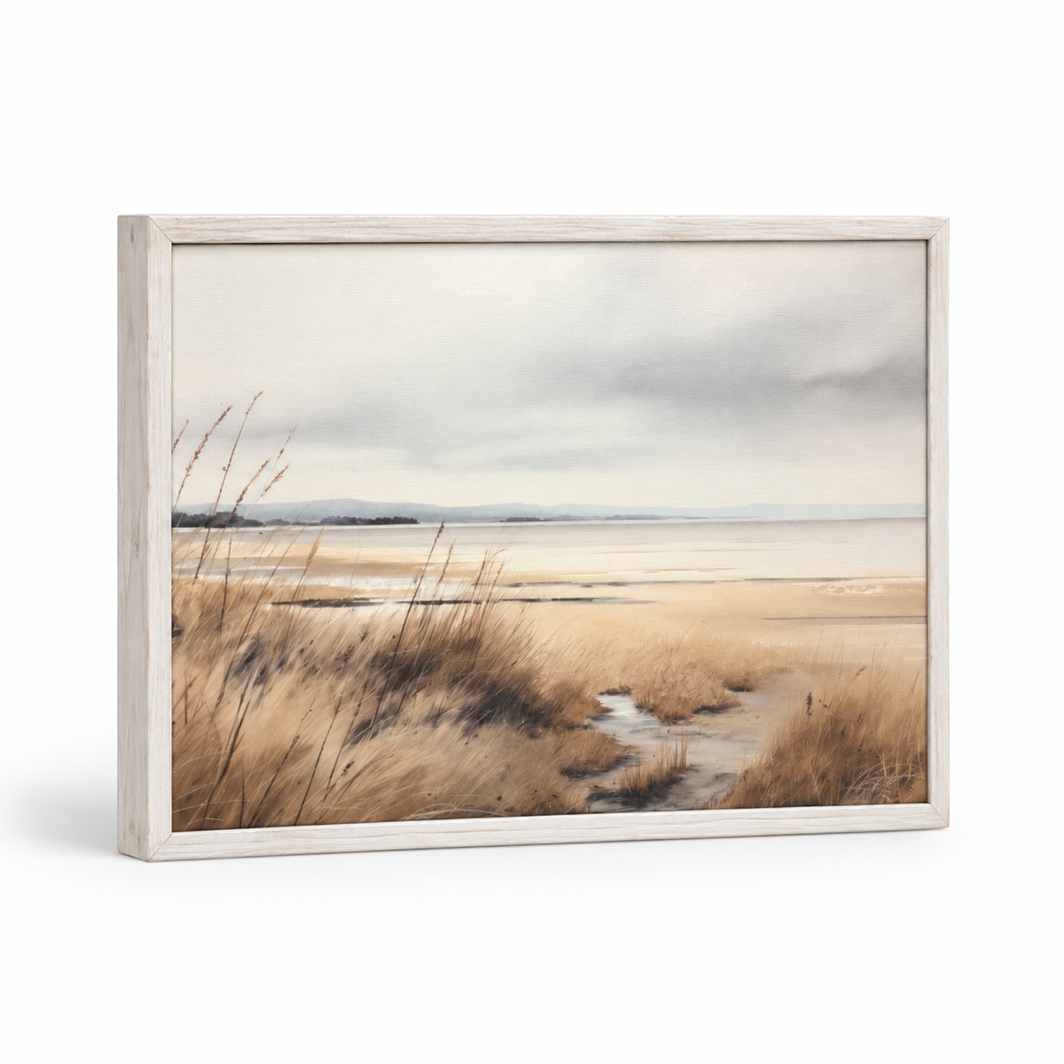 Brayden and Brooks small Waterscape framed canvas, 25 x 20 cm, angled studio view on white.