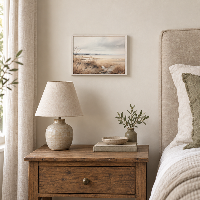Brayden and Brooks small Waterscape framed canvas, 25 x 20 cm styled at true scale in a classic modern country interior, view 1.