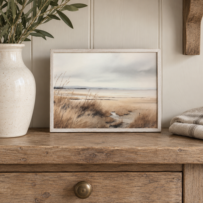 Brayden and Brooks small Waterscape framed canvas, 25 x 20 cm styled at true scale in a classic modern country interior, view 2.
