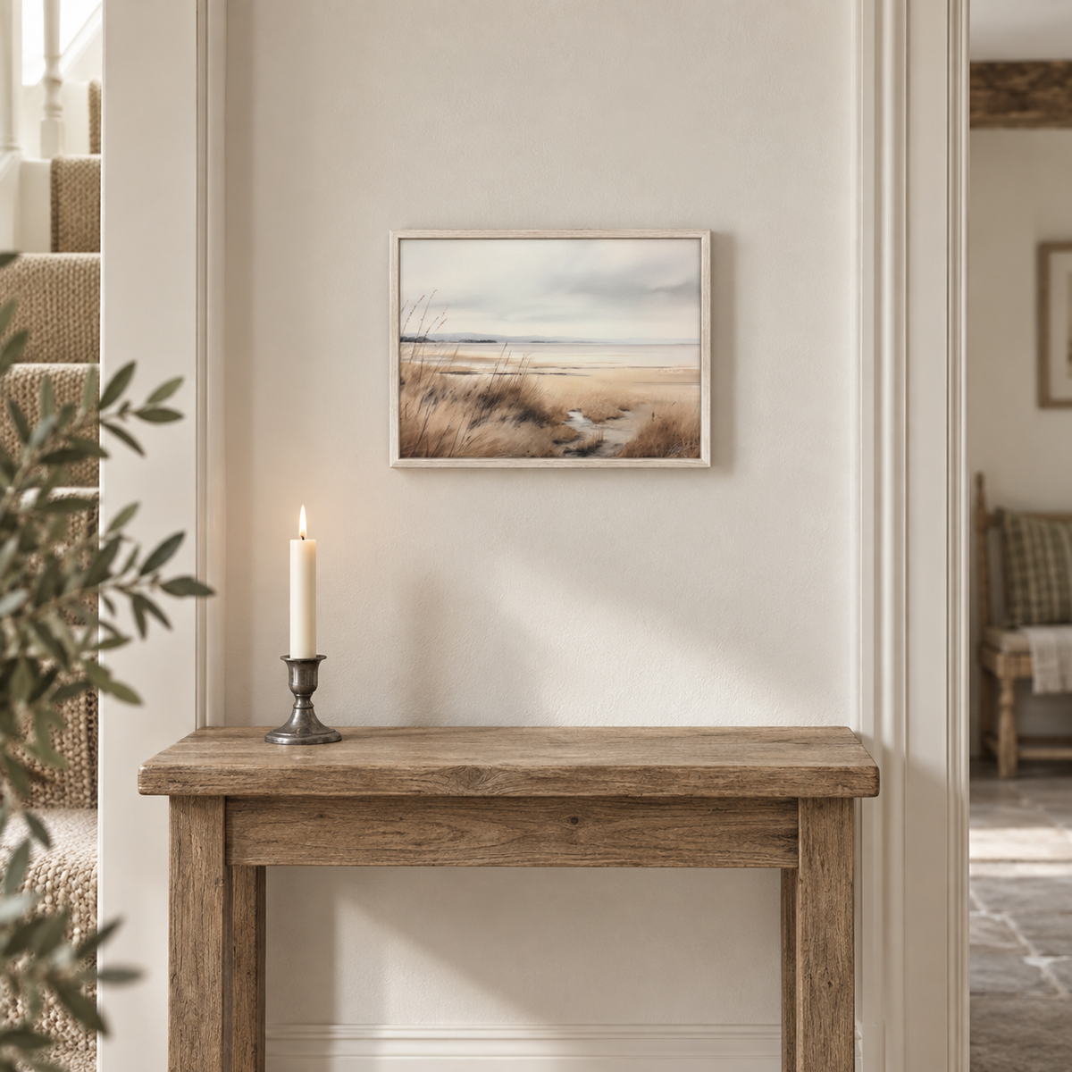 Brayden and Brooks small Waterscape framed canvas, 25 x 20 cm styled at true scale in a classic modern country interior, view 3.