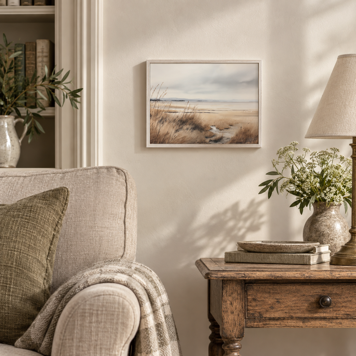 Brayden and Brooks small Waterscape framed canvas, 25 x 20 cm styled at true scale in a classic modern country interior, view 4.