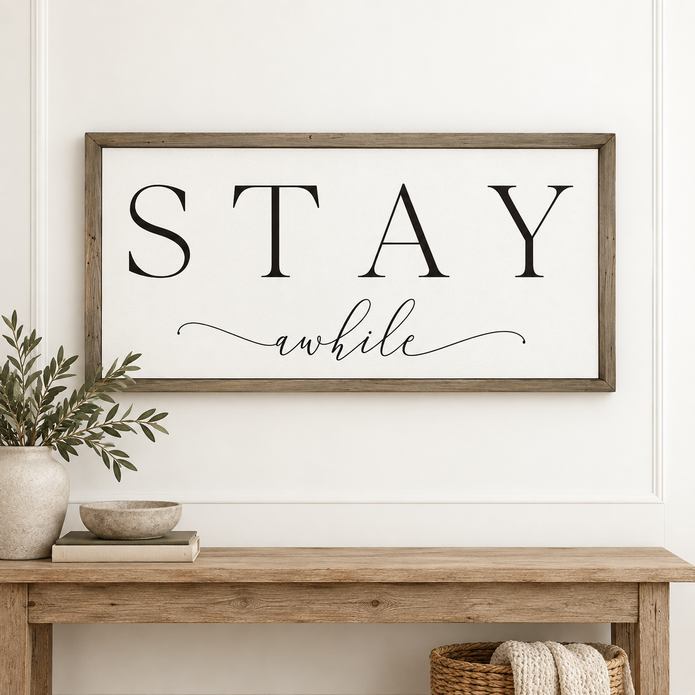 Brayden and Brooks Stay A While large rustic oak sign, 122 x 61 cm, straight-on studio view on white.