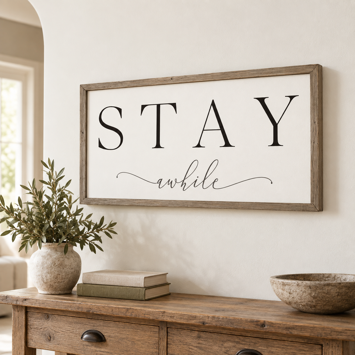 Brayden and Brooks Stay A While large rustic oak sign, 122 x 61 cm, angled studio view on white.